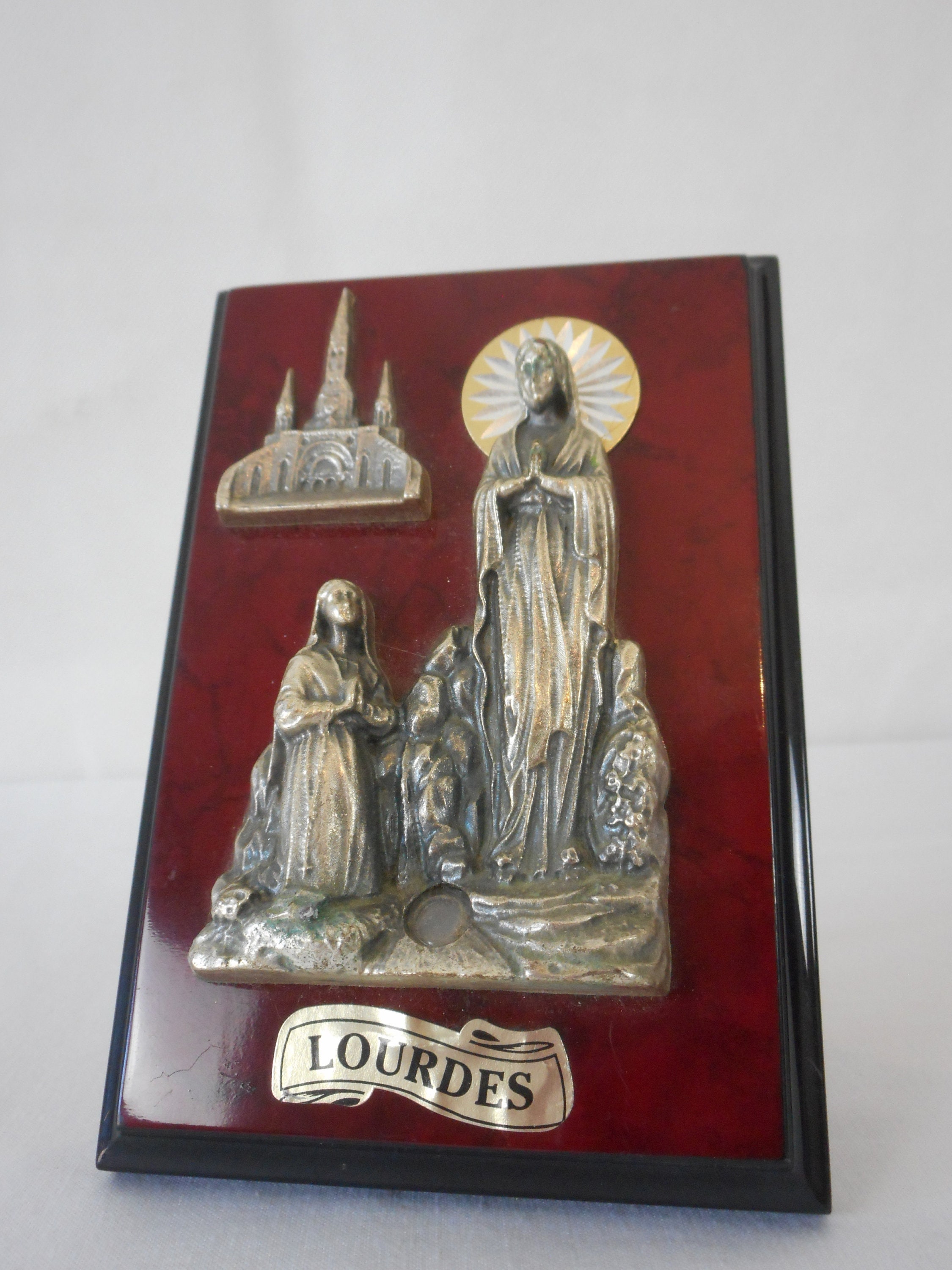 Vintage Italien Petit Autoportant ou Mural Lourdes Plaque Religieuse/Photo