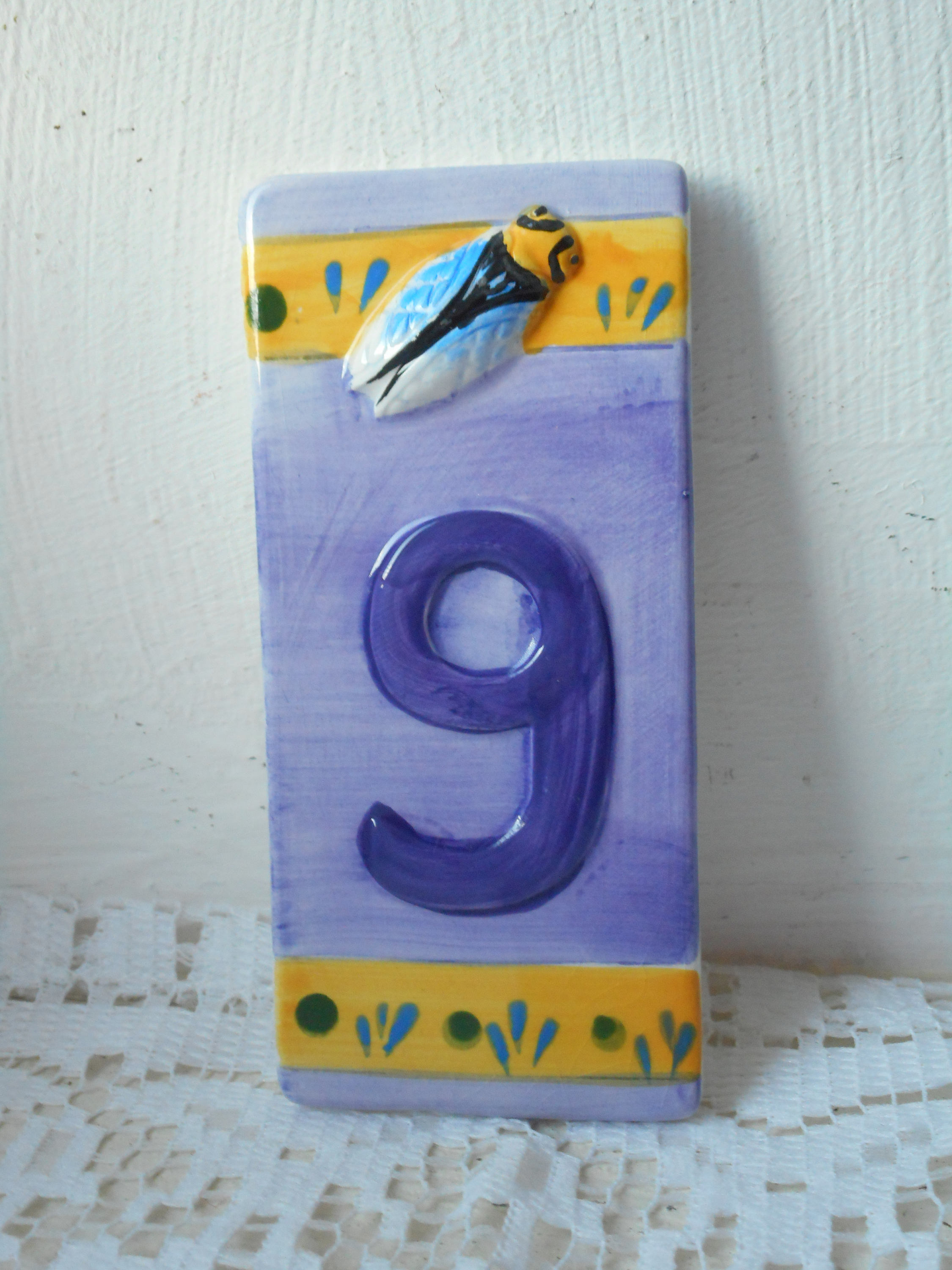 Numéro de Porte en Porcelaine Vintage Français Peinte à La Main/Numéro Plaque 9