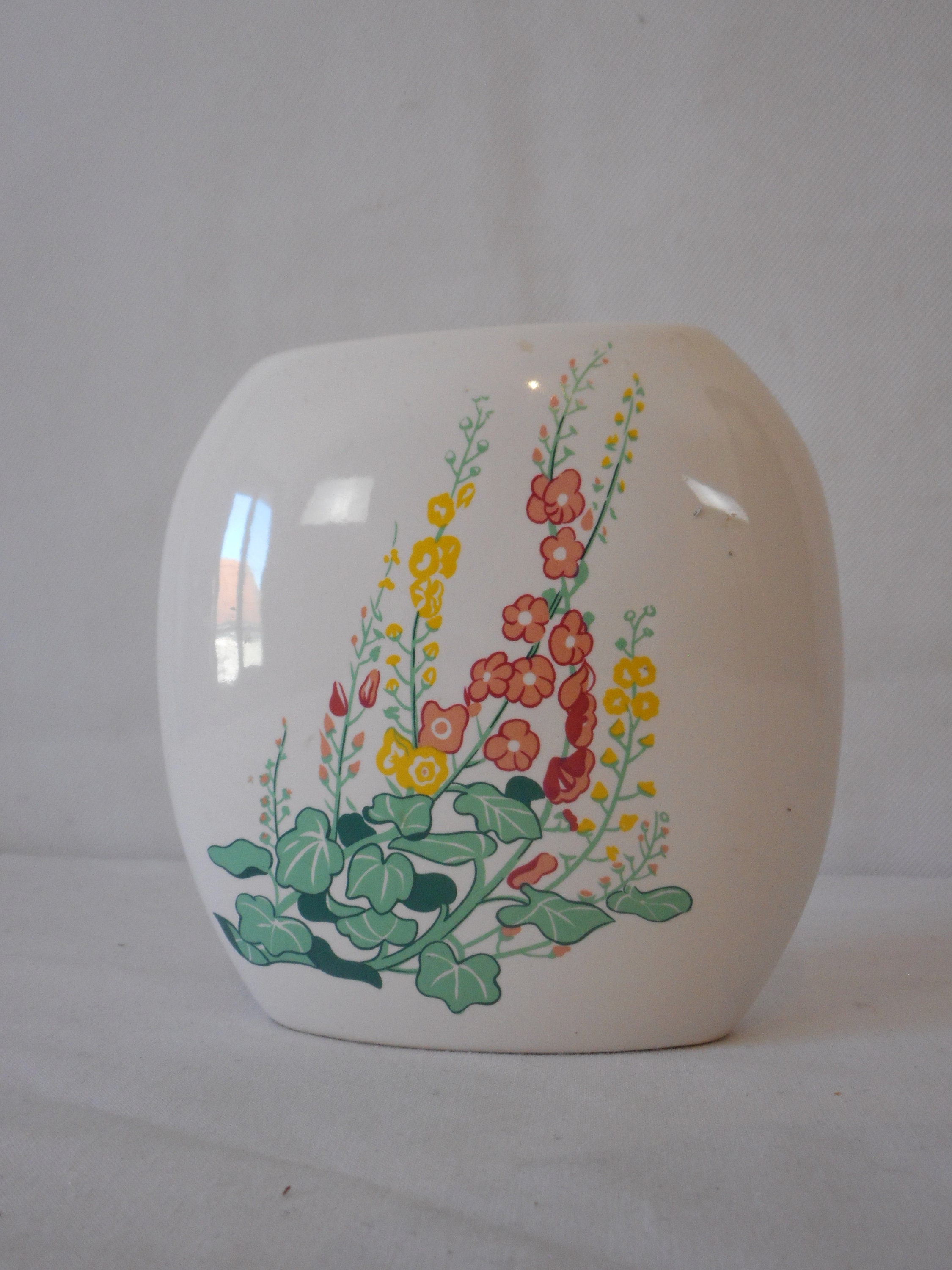 Vase en Céramique Vintage Français/Ornement avec Motif Floral Décor Français