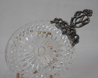 vintage French silver plated metal & clear glass round shaped table ashtray