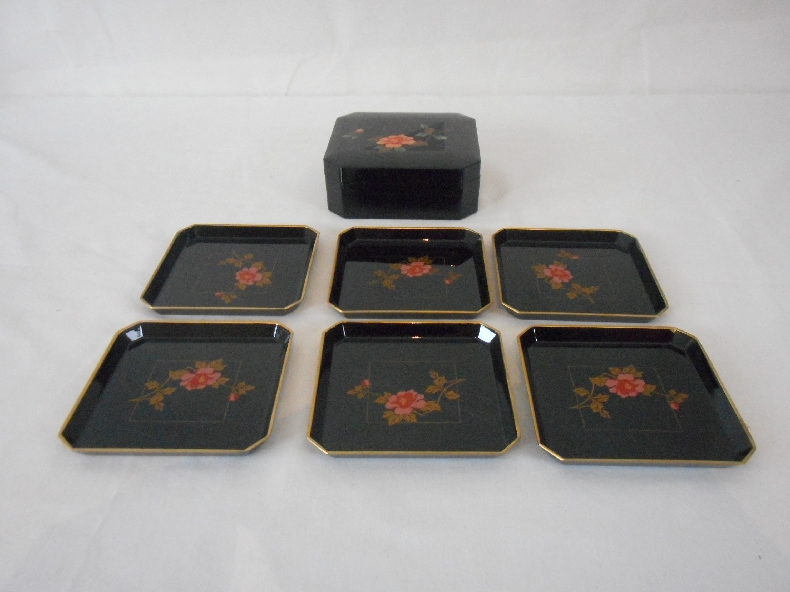 Ensemble de 6 Sous-Verres à Boisson Vintage Forme Carrée et Support Couvercle/Vaisselle