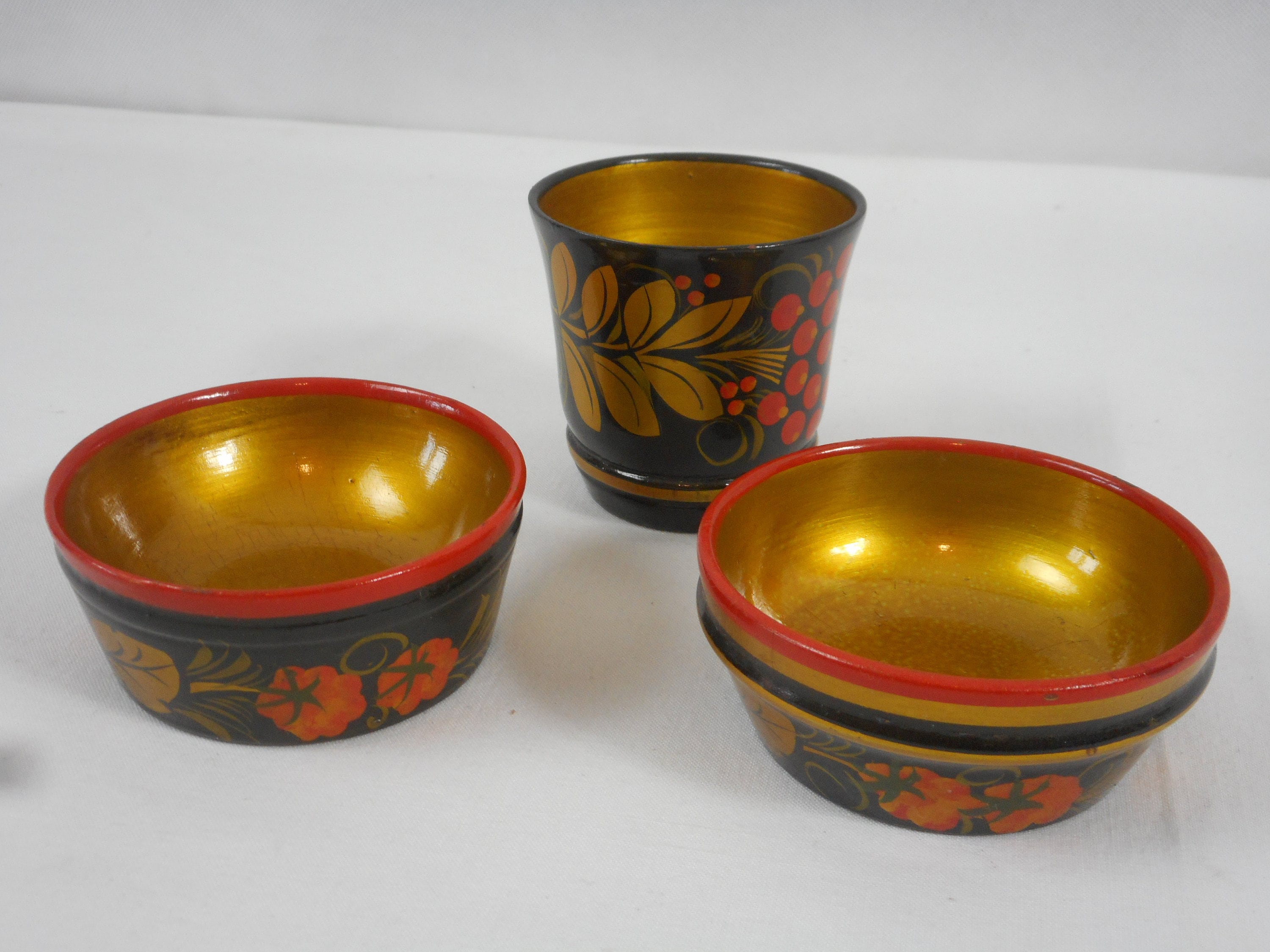 3 Petits Bols en Bois Vintage Urss/Russe Peints à La Main