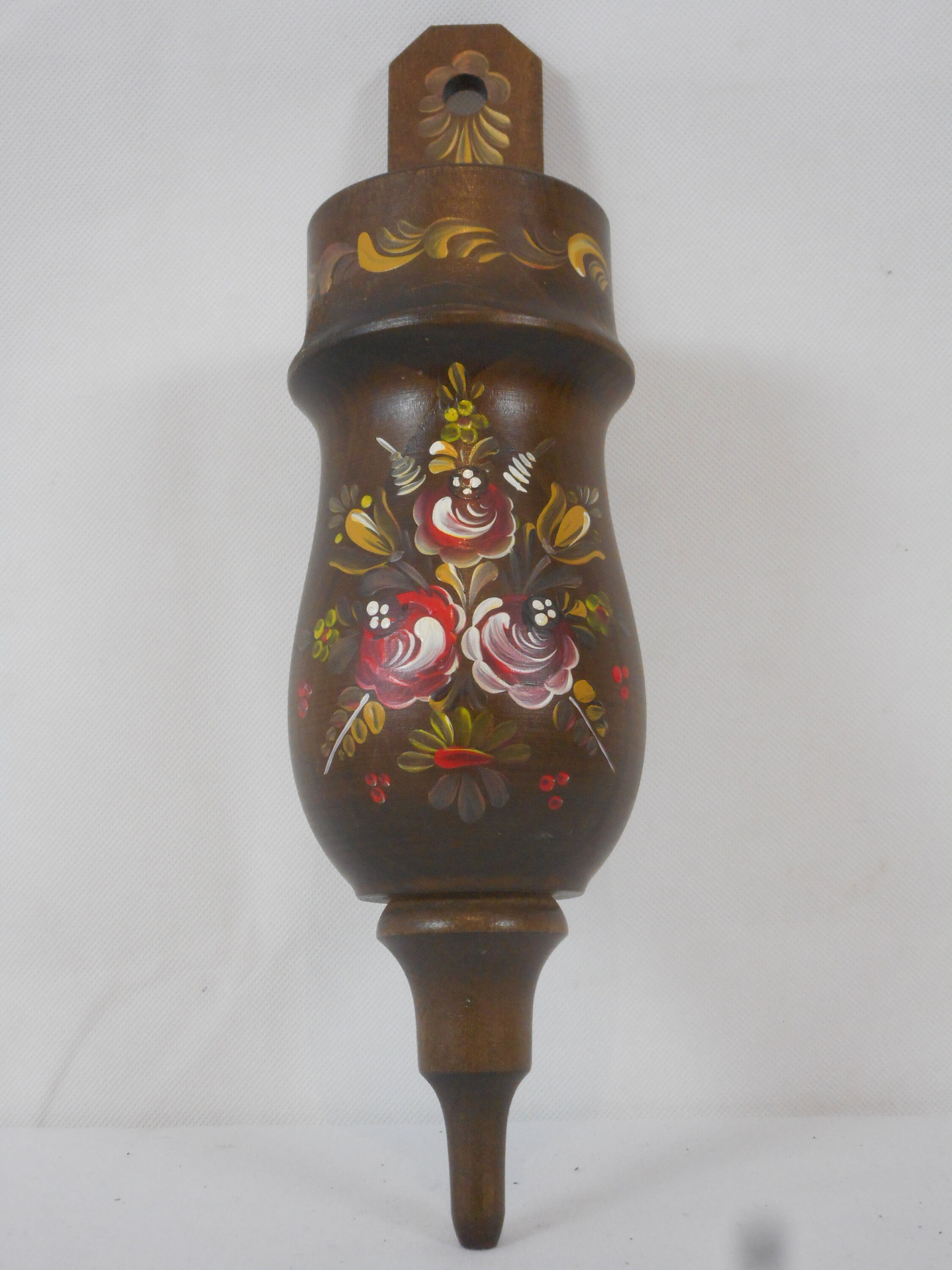 Vintage Français Vase de Poche/Vase Mural en Bois Peint à La Main et Main