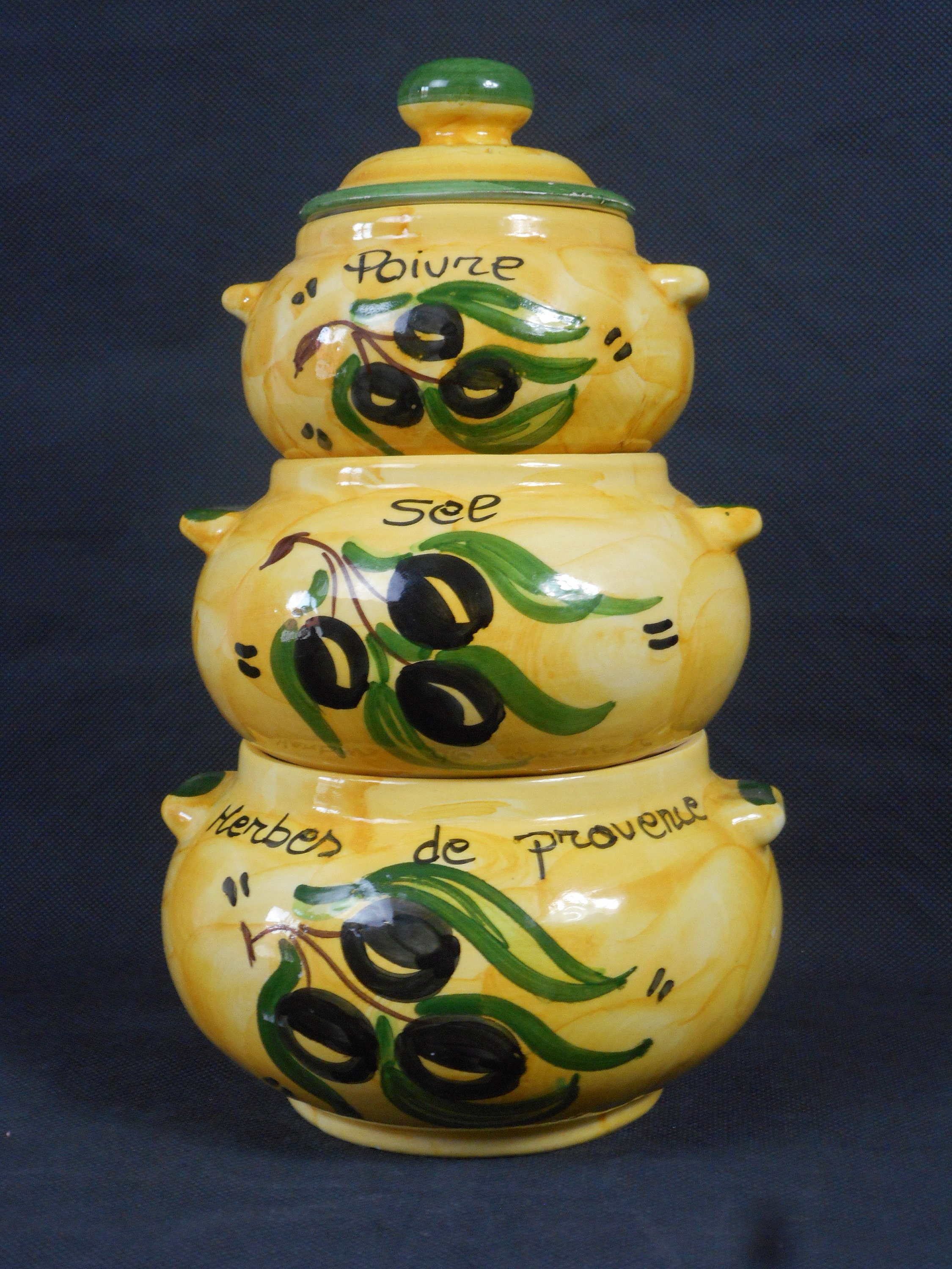 Superbes Pots de Rangement d'épices à Couvercle en Céramique Vintage Français Peints La Main