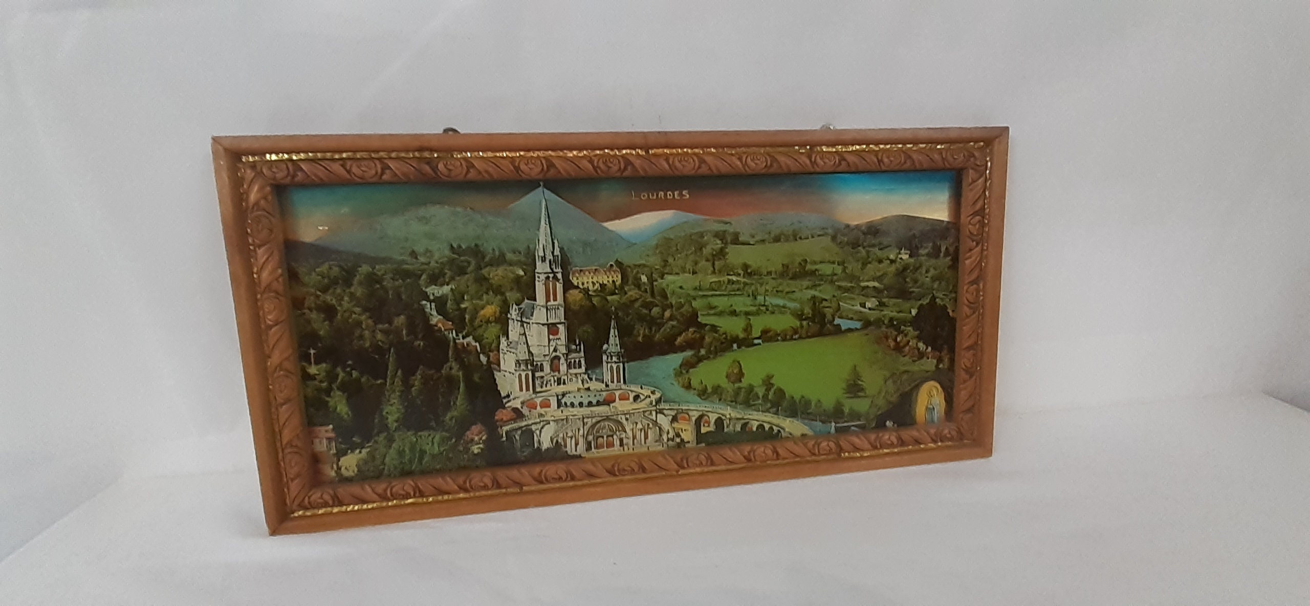 Superbe Vintage Français Lourdes Religieux Image Murale Encadrée/Décor
