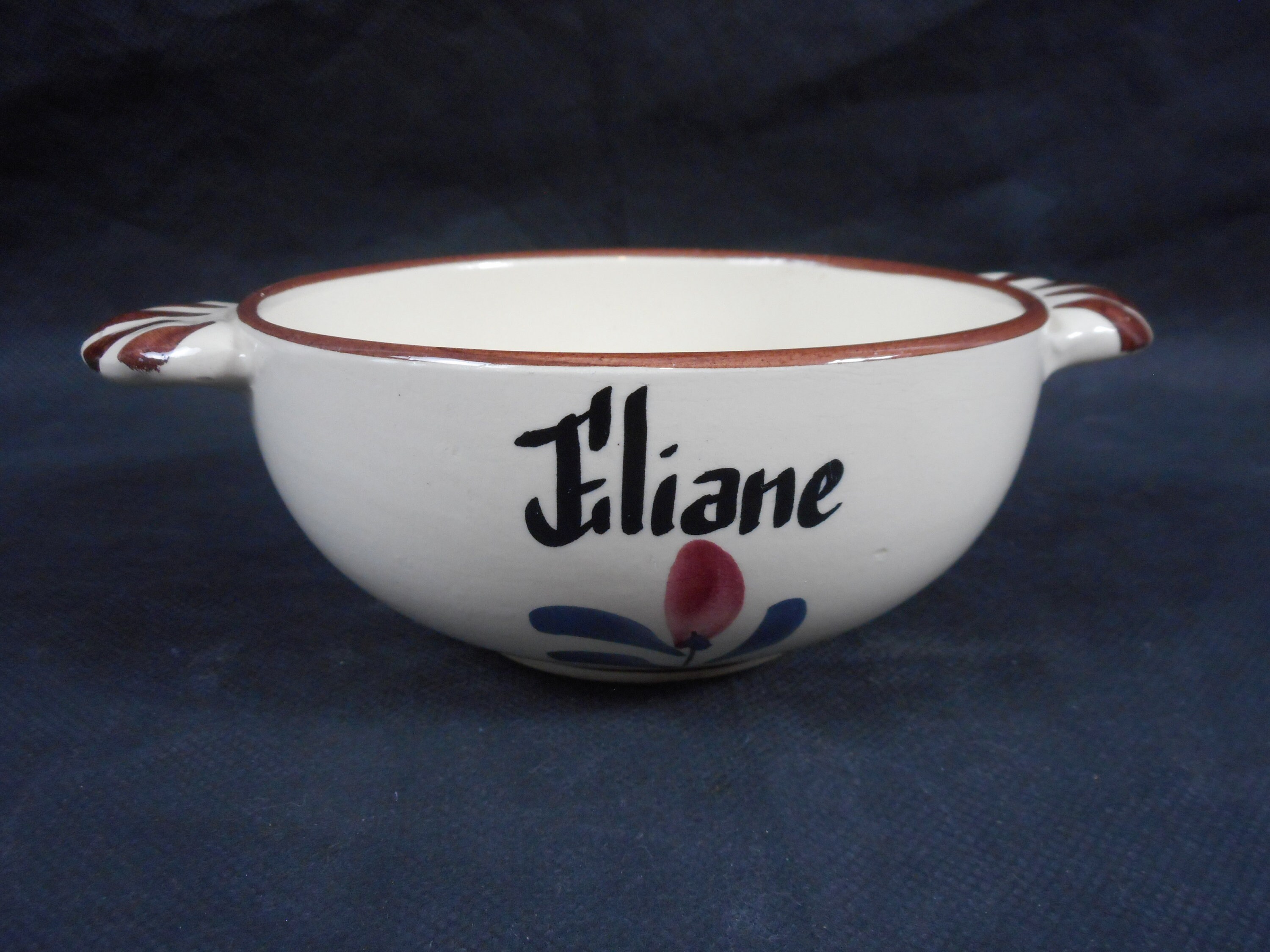Vintage Français Bol/Tasse en Céramique Peinte à La Main avec Le Nom Jiliane