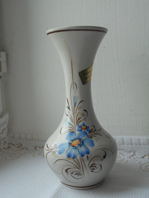 Vase en Céramique Vintage Français Peint à La Main avec Motif de Fleurs
