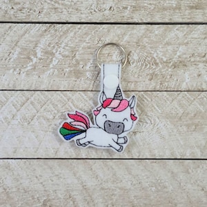 Pooting Unicorn Key Fob Snap Tab Keychain Machine Embroidery Design
