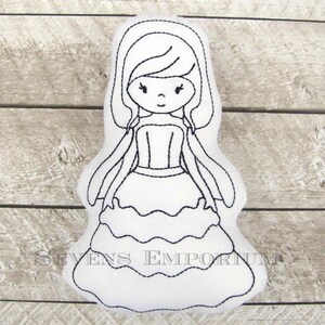 May include: A black and white line drawing of a girl wearing a dress with a ruffled skirt. The drawing is on a white fabric background.