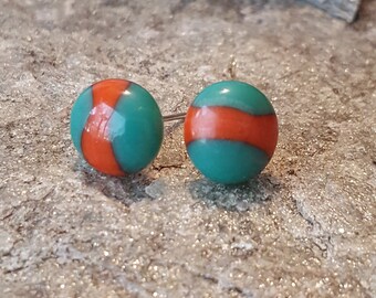 Teal/Orange Fused Glass Stud Earrings