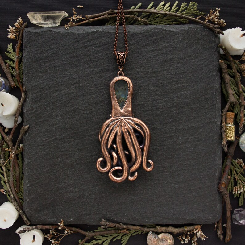 Octopus pendant with Labradorite and Cubic Zirconia