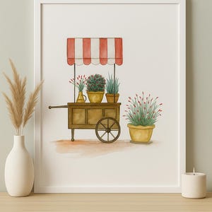 Charette Fleurie - Französischer Blumenwagen Aquarell Druck, Botanische Kunst, Vintage Stil Wanddekoration, Aquarellmalerei Poster