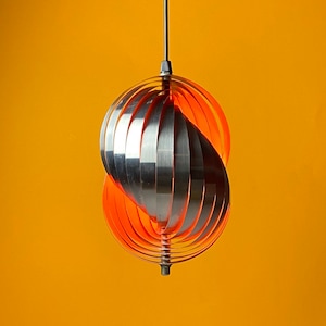 Midcentury Modern Chrome & Orange Ceiling Lamp – Retro Conch Design by Henri Mathieu for LYFA, Denmark, 1970s, Industrial Space Age Style