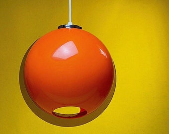 Space age midcentury modern orange plastic sphere ceiling lamp by Meblo for Guzzini