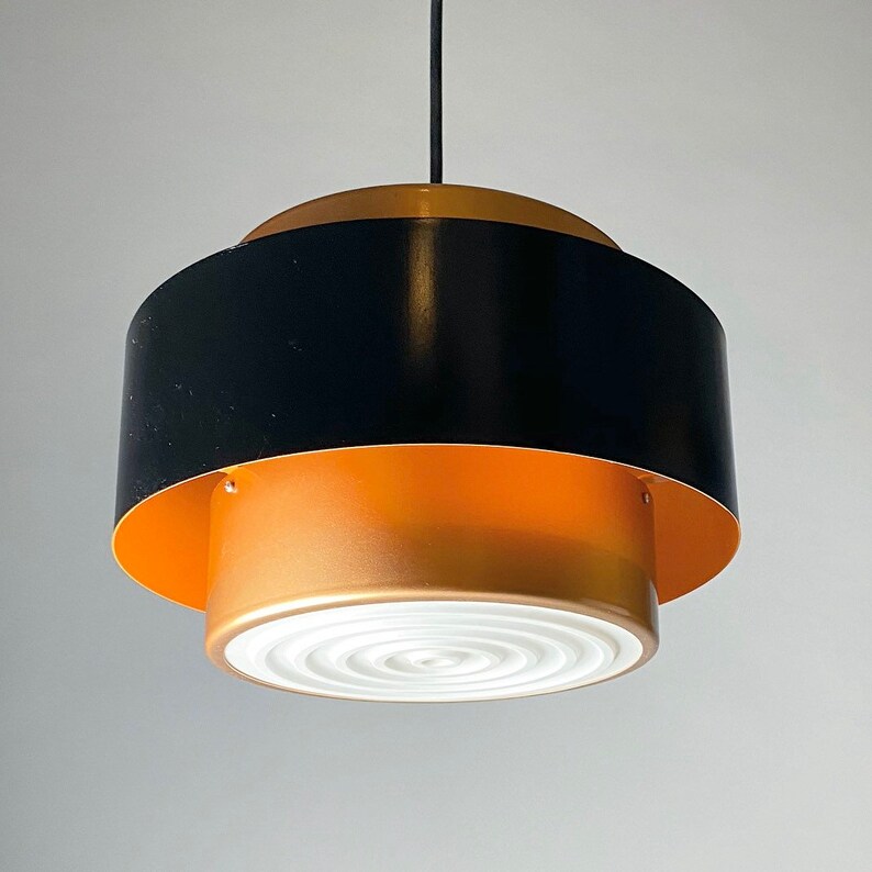 View from the bottom of the Classic danish Juno copper ceiling light by Jo Hammerborg for Fog and Morup, Denmark 1966.
