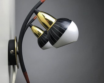 Black and white stilnovo set of wall lights with teak and brass details - mid century modern 1950s wall sconces made by Voss Belysning.