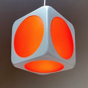 White and Orange Cubic Space Age Dice Ceiling Light by Lars Schöler for Hoyrup Lighting, Denmark 1970s – Retro Pendant Lamp