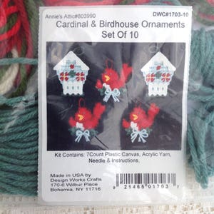 Cardinal & Birdhouse Ornament plastic canvas kit | Annie's Attic |  DCW#1703-10 | 2004 |  new old stock complete Kit |  Christmas ornaments