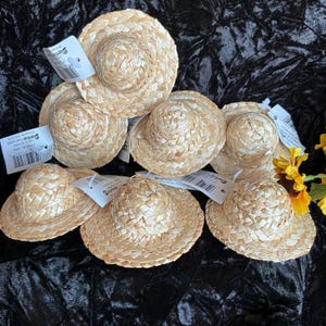 Seven small Doll straw hats | 3” diameter, 1 1/2” opening  | new old stock | Darice | puppets, doll making, party favors