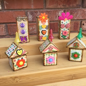 Set of 6 wood houses | “70’s” houses, peace, love, flower power | mixed media recycled wood | little house art | shelf sitter | tiered tray