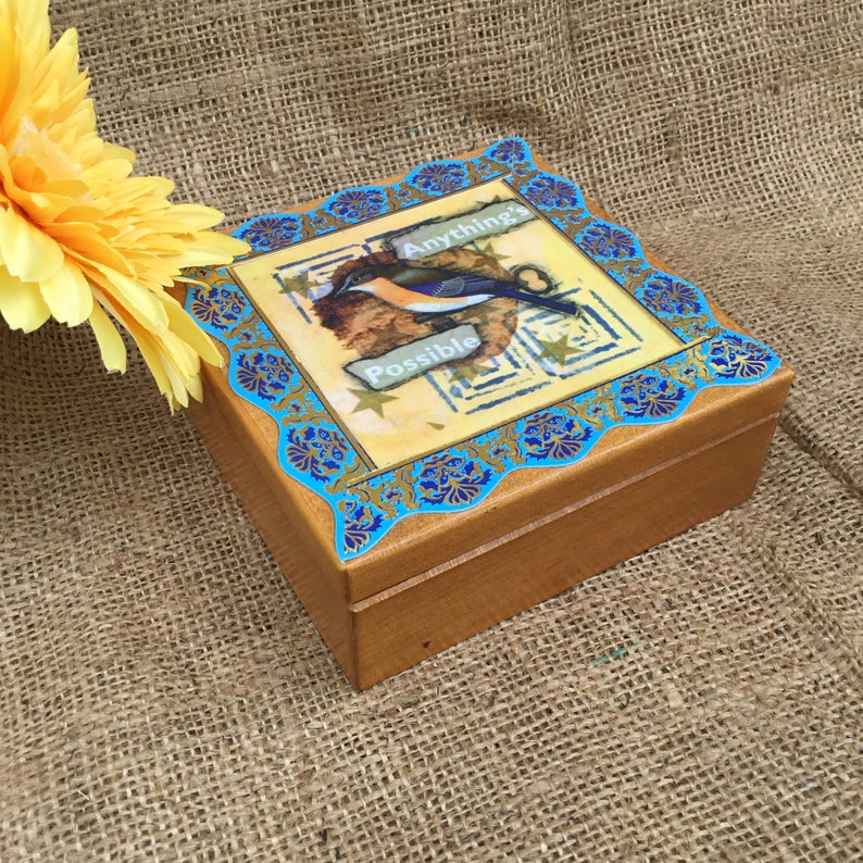 Keepsake box Bluebird teabag art Anything\u2019s Possible trinket box jewelry box original art