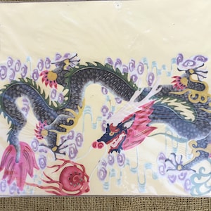 Chinese paper cut dragon | thinly cut 11” x 7 1/4” design | gray red purple green | delicate hand cut paper | decoupage mixed media art