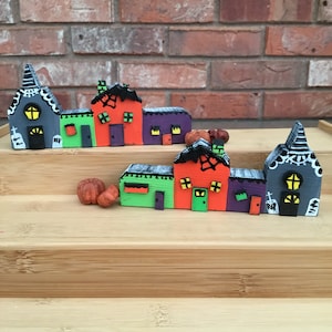 Choose One | Small wood Halloween village | tiered tray shelf sitters | 4 3/4” long | hand painted decor | orange purple green bats