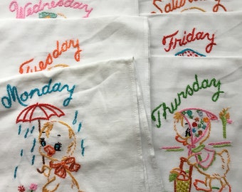 Six days of the week hand embroidered tea towels with ducks | M-Sat | ducks doing chores |22” x 35” | vintage  kitchen | kitsch