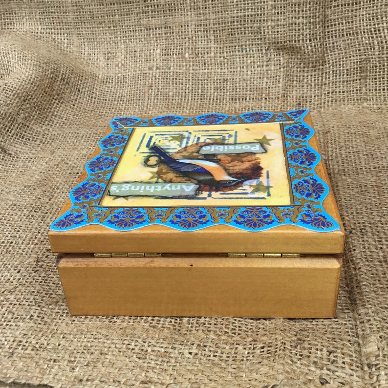 Keepsake box Bluebird teabag art Anything\u2019s Possible trinket box jewelry box original art
