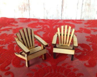 Two tiny miniature unpainted wood Adirondack chairs | natural wood | miniature to paint or stain | 1 1/2" high X 1 1/4" wide X 1 1/2" deep