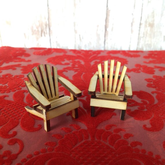 Two tiny miniature unpainted wood Adirondack chairs | natural wood | miniature to paint or stain | 1 1/2" high X 1 1/4" wide X 1 1/2" deep