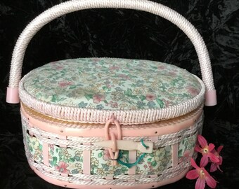 Small vintage pink floral sewing basket | childs sewing basket/kit | satin lining | fold down handle | made in Thailand