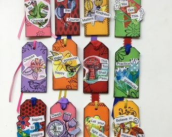 Twelve colorful  positive encouragement wood tags  | mixed media  mini art | affirmation tags | gift/card enclosures | journal inserts