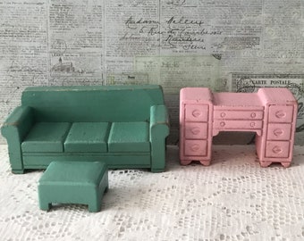 Three piece wood dollhouse couch, foot stool, dresser | turquoise wood couch | pink dresser | 1930s/1940s |