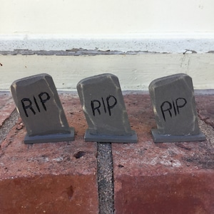 Three  miniature carved wood tombstones  | RIP| |Halloween | cake topper| Haunted house| graveyard |cemetery| fairy garden