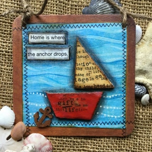 Choose One | original mixed media sailboat doorknob hanger | nautical decor | small art | man cave | repurposed paperboard coaster | anchor