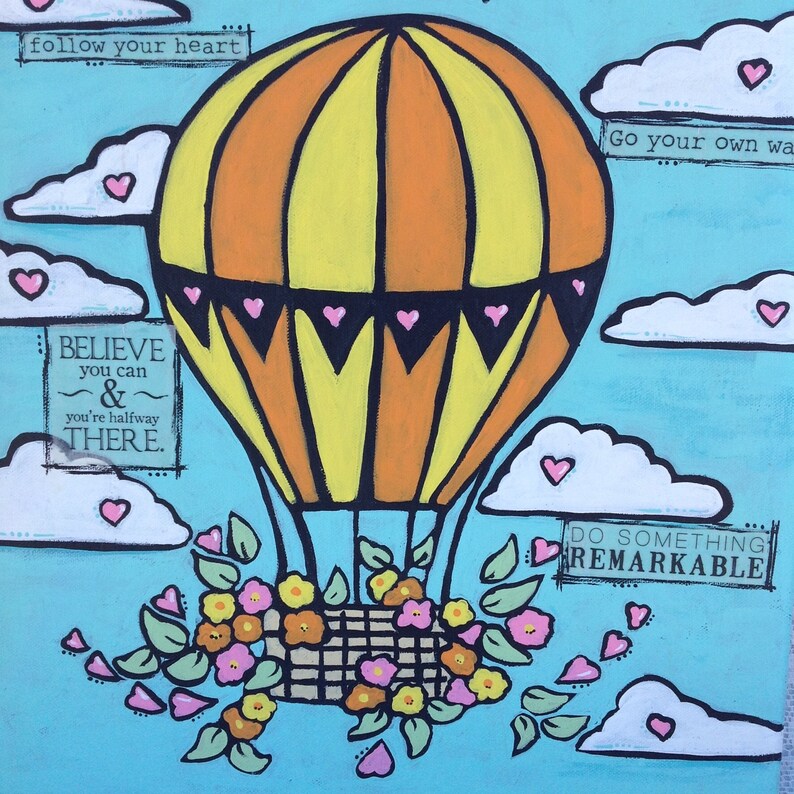Download Large original mixed media hot hair balloon acrylic painting follow your heart enjoy the journey ...