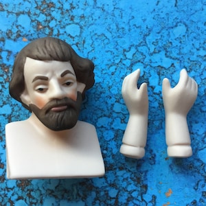 Porcelain Joseph head  w/ hands | doll making supplies | brown hair and bearded man’s  head | new old stock | nativity figure |