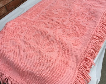 One vintage cutter peach double chenille bedspread  | 1950’s |  100” x 90” | fringed | faded on half | pumpkin crafts