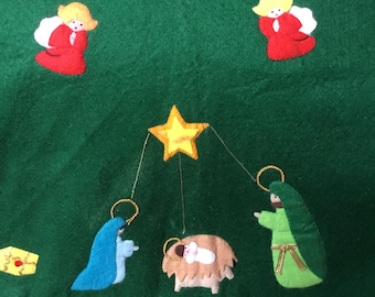 Finished green felt nativity Tree Skirt | 34 1/2” | Christmas home decor  | appliquéd stitched figures | gold braid trim
