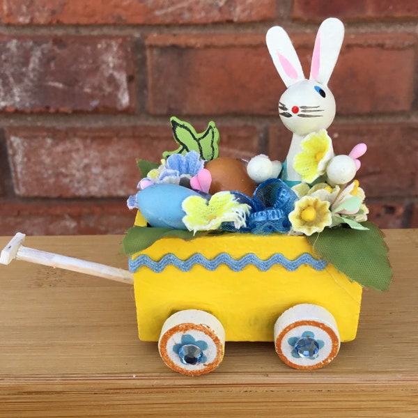 One miniature Easter  bunny in wagon |  yellow | tiered tray decor | shelf sitters | gifts favors display