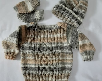 Traditional Aran Style Child/Baby jumper/Sweater, Hand knitted in Ireland with Celtic Knot  Cable, with hat and mitts