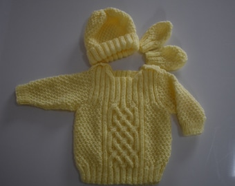 Traditional Aran Style Child/Baby jumper/Sweater, Hand knitted in Ireland with Celtic Knot  Cable, with hat and mitts