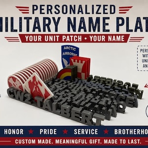 May include: A personalized military name plate with the text "CW2 TALBERT" in gray 3D-printed letters. The design includes unit patches and the text "YOUR UNIT PATCH • YOUR NAME". The plate is made in the USA and is a perfect gift.