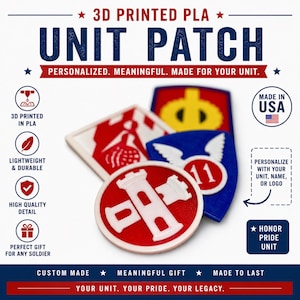 May include: A collection of three 3D printed PLA unit patches in red, white, blue, and yellow. The patches feature various military-style emblems, including a castle tower, a winged number 11, and a circular design. Text includes 3D PRINTED PLA UNIT PATCH.