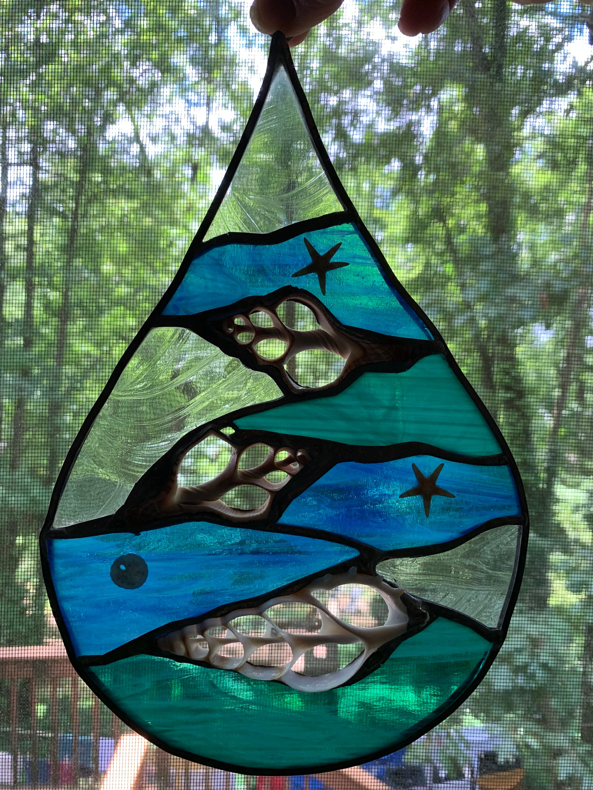 Stained Glass Water Drop Panel With Seashells - Etsy