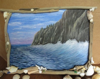 Handpainted acrylic painting with driftwood frame, ocean painting, seashore painting