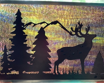 Stained glass window hanging panel with deer in the woods silhouette