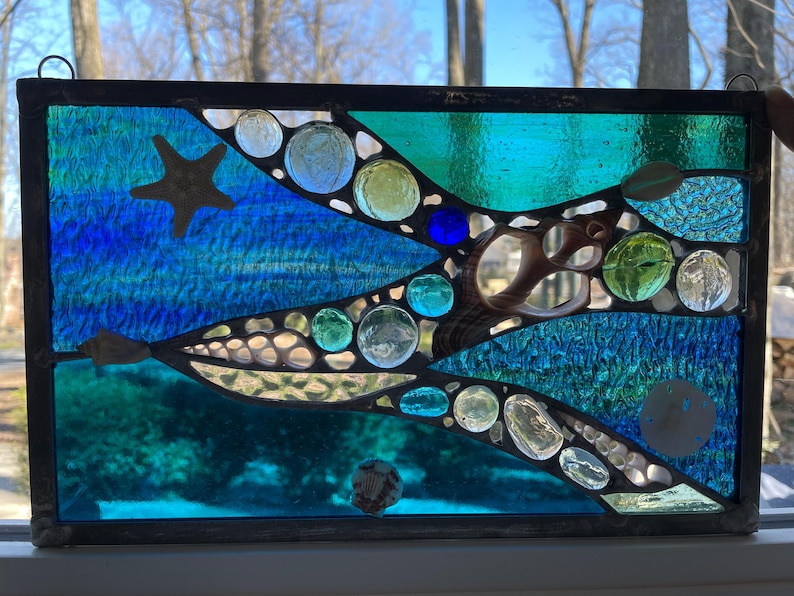 Ocean Stained Glass Window Hanging Panel Cut Shells and Starfish - Etsy