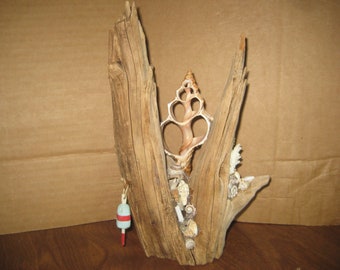 Driftwood art sculpture with large sliced shell nautical decor